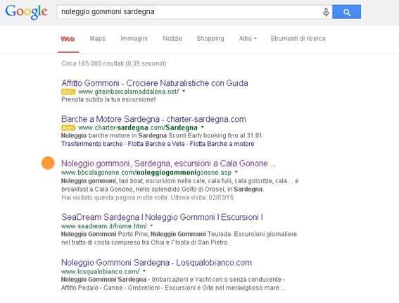 posizionamento Google su NOLEGGIO GOMMONI SARDEGNA